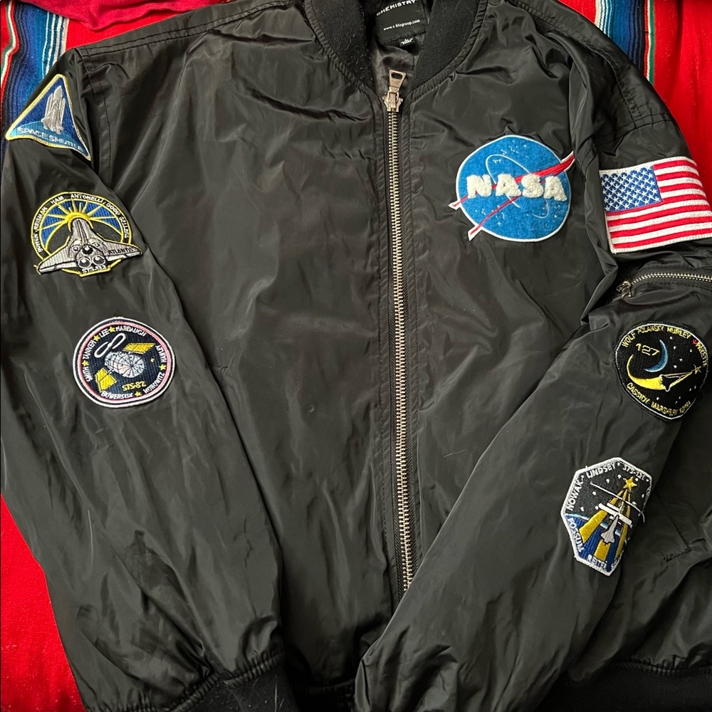 NASA Bomber Black Jacket Men's Size Large  Exposed Chunky Zipper